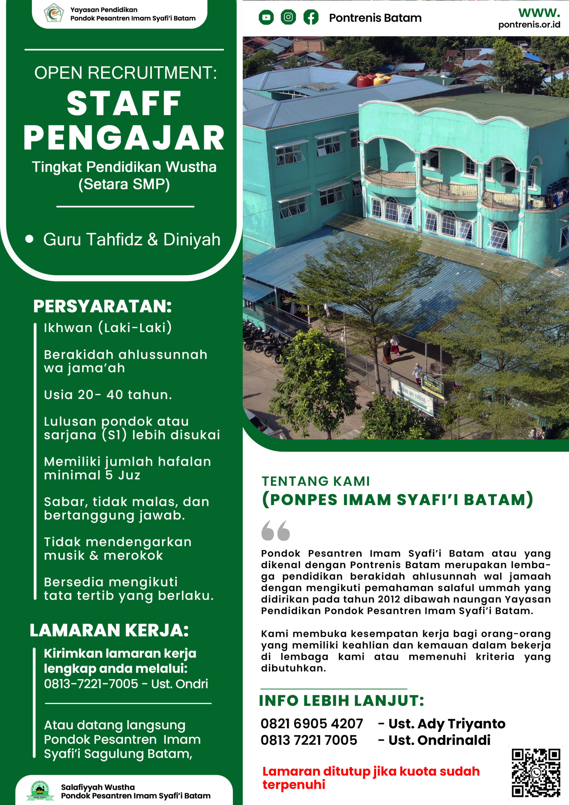 You are currently viewing OPEN RECRUITMENT! Salafiyah Wustha Pontrenis Batam